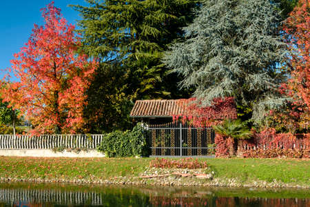 Garden along the bicycle path of the Martesana canal, between Milan (Lombardy, Italy) and the Adda river, in november, with the gorgeous colors of the fallの写真素材