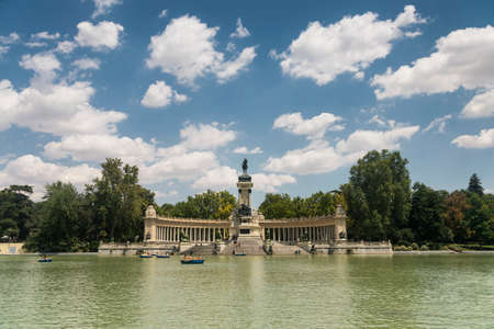 Madrid (Spain): palace and lake in the Park of Buen Retiro