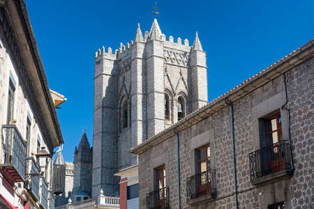 Avila (Castilla y Leon, Spain): belfry of the medieval cathedral and other historic buildingsの写真素材