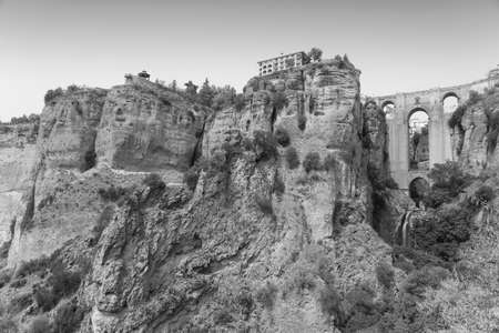 Ronda (Andalucia, Spain): view of the historic city over the canyon, the famous bridge. Black and whiteの写真素材