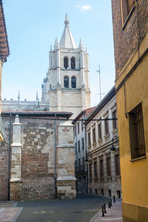 Leon (Castilla y Leon, Spain): historic street with the cathedral in backgroundの写真素材