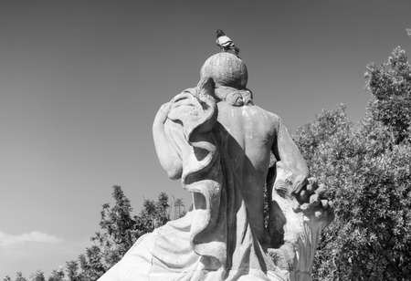 Barcelona (Catalunya, Spain): the hill of Montjuich and the Museum of Catalan Art. Statue with pigeon. Black and whiteのeditorial素材