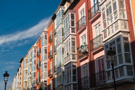 Burgos (Castilla y Leon, Spain): exterior of historic buildings with typical verandasのeditorial素材