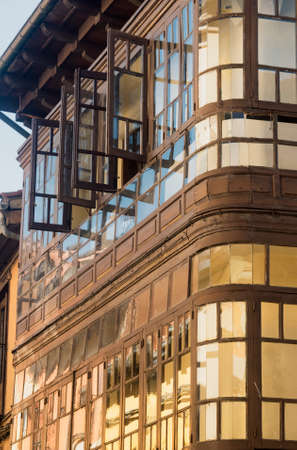 Leon (Castilla y Leon, Spain): historic building with typical verandasのeditorial素材