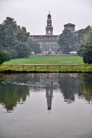 Milan (Lombardy, Italy): the Sempione park with Castello Sforzesco in background in a cloudy day of octoberのeditorial素材