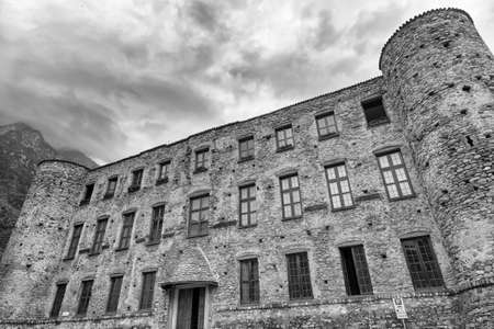 Chiavenna (Sondrio, Lombardy, Italy): the historic castle. Black and whiteのeditorial素材