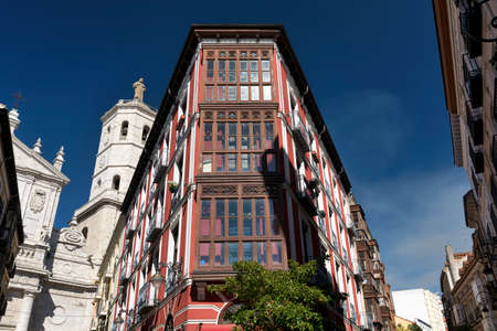 Valladolid (Castilla y Leon, Spain): historic buildings  with typical balconies and verandas, and the cathedralの写真素材