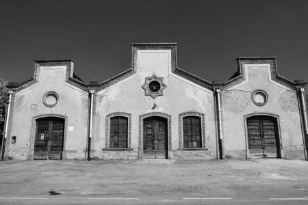 Crespi d'Adda (Lombardy, Italy): typical buildings of the historic industrial village, Unesco World Heritage Site. Black and whiteの写真素材