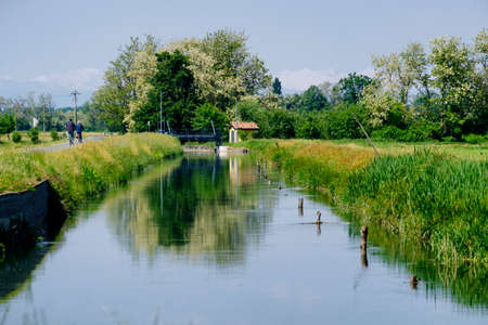 Naviglio of Bereguardo, bicycle lane from Abbiategrasso (Milan) to Bereguardo (Pavia, Lombardy, Italy) in the springtimeの写真素材