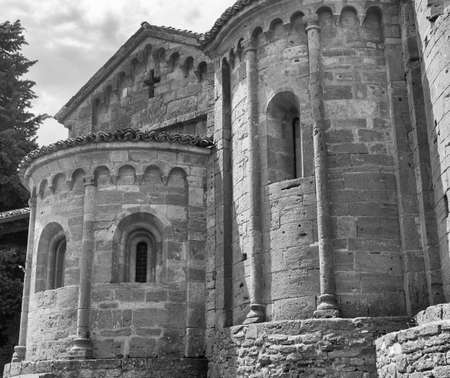 Castell'Arquato (Piacenza, Emilia Romagna, Italy), apse of the historic Santa Maria church. Black and whiteの写真素材