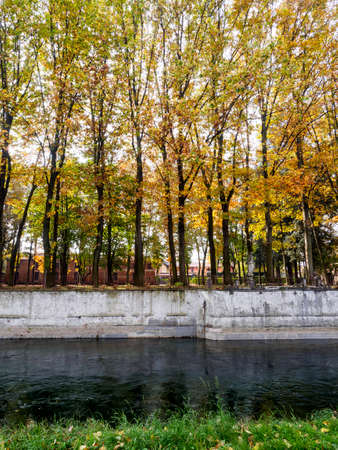 Bicycle path along the Naviglio Grande from Abbiategrasso to Turbigo (Lombardy, Italy), at Robecco sul Naviglio: Villa Gaia at fall, the parkの写真素材