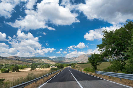 Mountain landscape along the road from Bussi sul Tirino (Pescara) to Navelli (L'Aquila, Abruzzi,...