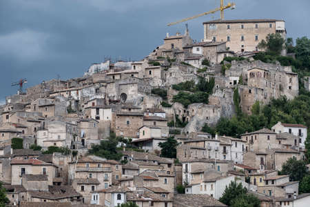 Navelli (L'Aquila, Abruzzi, Italy), panoramic view of the historic town at summerの写真素材