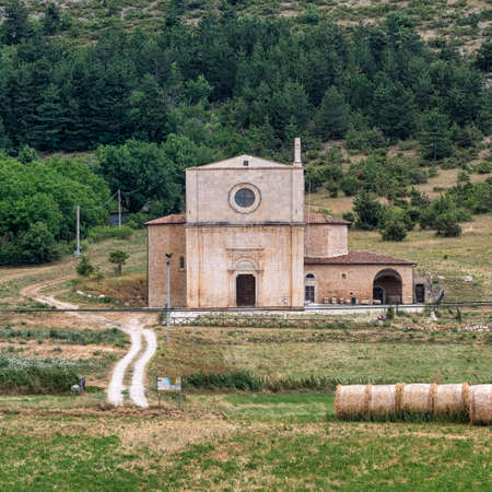 Exterior of the medieval church of Santa Maria de Centurelli (L'Aquila, Abruzzi, Italy), at summerのeditorial素材