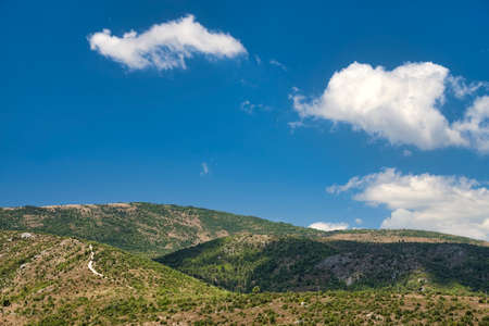 Mountain landscape along the road from Bussi sul Tirino (Pescara) to Navelli (L'Aquila, Abruzzi,...