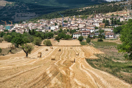 Barisciano (L'Aquila, Abruzzi, Italy), panoramic view of the historic town at summerの写真素材