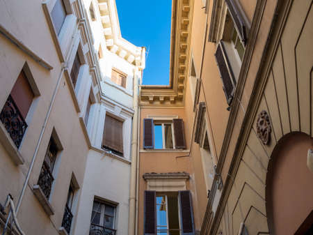 Rieti (Lazio, Italy): exterior of historic buildings along a typical streetのeditorial素材
