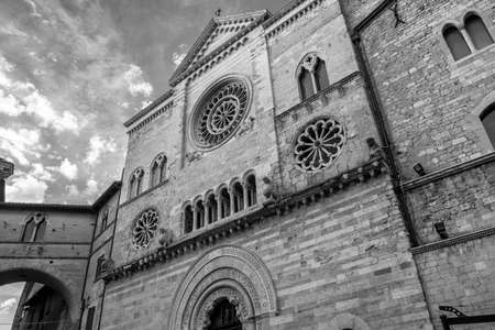 Historic buildings of Foligno, Perugia, Umbria, Italy. Facade of the cathedral. Black and whiteの写真素材