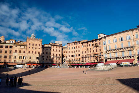 Historic buildings in Piazza del Campo in SIena, Tuscany, Italy, the famous square hosting the Palio, at morningのeditorial素材