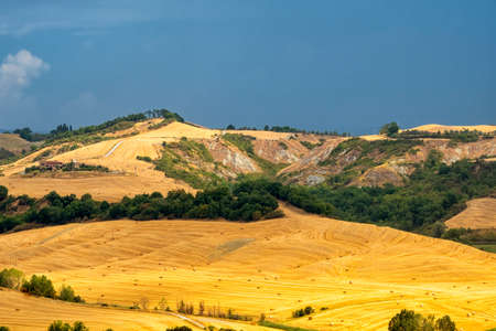 Country landscape along the road from Asciano to Torre a Castello, Siena, Tuscany, Italy, at summerの写真素材