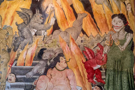 Pietrasanta (Lucca, Tuscany, Italy) - Detail of the "Porta dell'inferno", fresco by Fernando Botero (1993) in the church of Misericordiaのeditorial素材