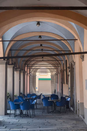 Cortemaggiore, Piacenza, Emilia Romagna, Italy: the main street with old buildings. Porticoの写真素材