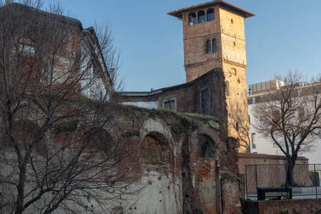 Milan, Lombardy, Italy: medieval ruins with the Gorani tower, 11th centuryの写真素材