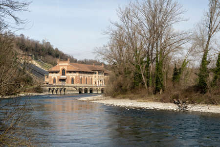 Cornate d'Adda, Monza Brianza, Lombardy, Italy: the cycleway along the Adda river and the historic power plantの写真素材