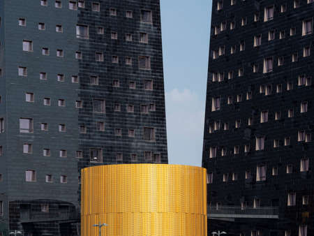 Exterior of modern buildings hosting an hotel at Rho, Milan, Lombardy, Italy