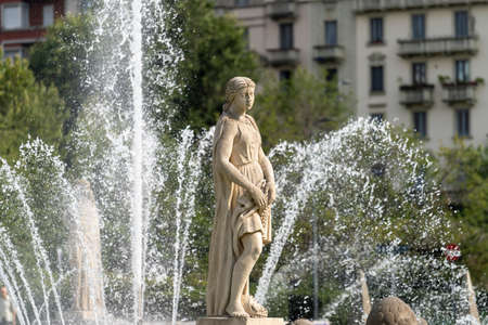 Milan, Lombardy, Italy: fountain in Giulio Cesare square, near the new Citylife areaの写真素材