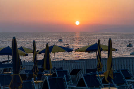 Scalea, Cosenza, Calabria, Southern Italy: the beach at sunsetの写真素材