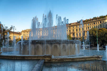 Milan, Lombardy, Italy: historic fountain in the square of the castle known as Castello Sforzescoのeditorial素材