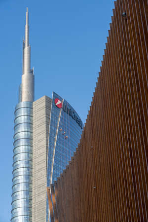 Modern buildings of Gae Aulenti square in Milan, Lombardy, Italy. Unicredit towerのeditorial素材