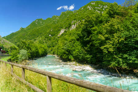 Serio river along the cycleway of Val Seriana, Lombardy, Italy, at Ponte Nossa in the summertimeの写真素材