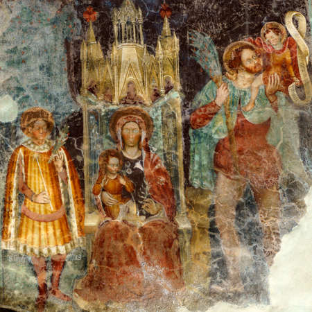 Clusone, Bergamo, Lombardy, Italy: historic Palazzo comunale, with frescos on the facadeのeditorial素材