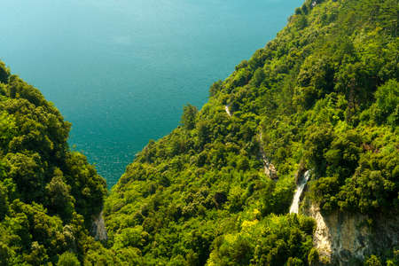 Path of Ponale, on the Garda lake, Trentino, Italy, made from the old road from the Ledro valleyの写真素材