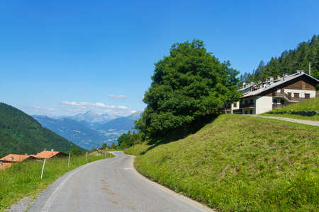 Mountain landscape along the road to Crocedomini pass, in the Brescia province, Lombardy, Italy, at summer.のeditorial素材