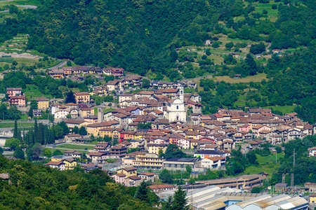 View of Breno, Brescia, Lombardy, Italy, from the road to Crocedomini pass at summer. Mountain landscape.のeditorial素材
