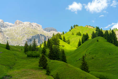 Mountain landscape at summer along the road to Pordoi pass, Dolomites, Belluno province, Veneto, Italyの写真素材