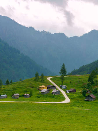 Mountain landscape at summer along the road to Fedaia pass, Dolomites, Belluno province, Veneto, Italy.の写真素材