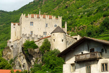 Summer landscape along the cycleway of the Venosta valley and the Adige river, in the Bolzano province, Trentino Alto Adige, Italy. Castelbello castleのeditorial素材