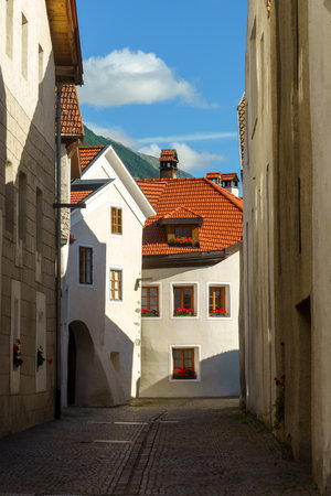 Glorenza, or Glurns, Bolzano, Trentino Alto Adige, Italy: historic city in the Venosta valley. Old street at morningの写真素材