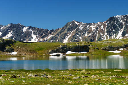 Passo Gavia, Sondrio province, Lombardy, Italy: landscape along the mountain pass at summer. Lake