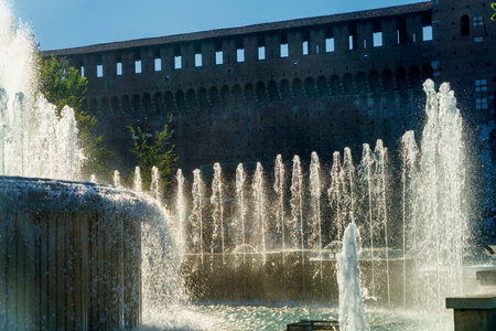 Milan, Lombardy, Italy: historic fountain in the square of the castle known as Castello Sforzescoのeditorial素材