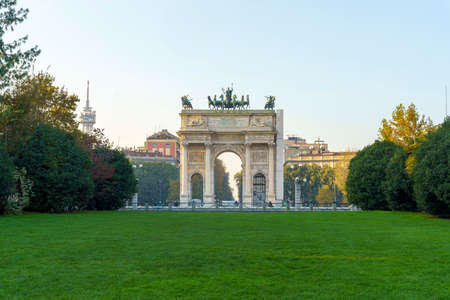 Milan, Lombardy, Italy: historic park known as Parco Sempione at November and the Arco della Paceの写真素材