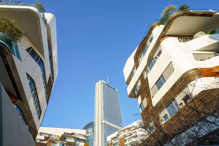 Milan, Italy: modern Citylife park with the residential Hadid buildingsのeditorial素材