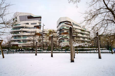Milan, Italy: modern Citylife park, the Hadid residential buildings with snowのeditorial素材