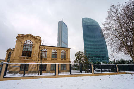 Milan, Italy: modern Citylife park, Isozaki and Libeskind towers with snowのeditorial素材
