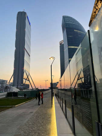 Milan, Italy: modern Citylife park with Isozaki, Hadid and Libeskind towers at sunsetのeditorial素材