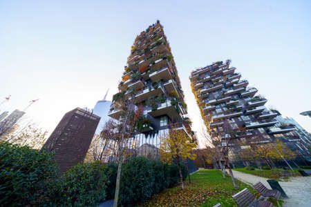 Milan, Lombardy, Italy: modern residential buildings known as Bosco Verticale, with balconies,...